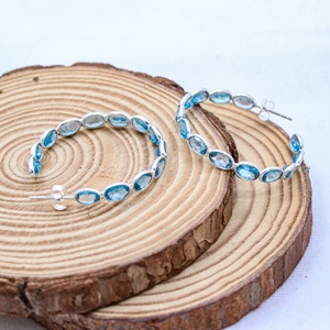 Pendientes de Aro con Bisel de Topacio Azul Ovalado Natural de Plata de Ley 925 al por Mayor, Joyas Memoria - Product Image 2