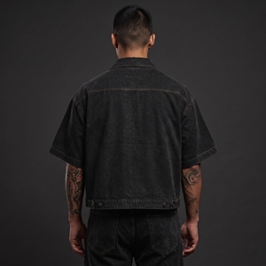 OEM Custom Men's Oversized Vintage Washed Denim Short Sleeve Button-Up <b>Shirt</b> Streetwear Casual Boxy Fit Custom Color & Size - Product Image 3