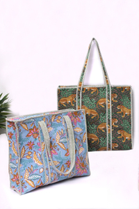 Bolso Tote Acolchado Floral Azul, Bolso Tote de Algodón Hecho a Mano, Bolso de Viaje Ligero, Bolso de Compras con Estampado de Bloques - Product Image 5