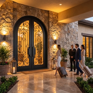 Puerta Doble de Entrada de Hierro Forjado Moderna y de Lujo, con Arco Superior y Diseño de Espiral, Resistente al Agua, Abatible, para Uso Exterior - Product Image 4