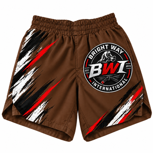 Bright Way International <b>Men's</b> <b>Brown</b> Quick Dry Elastic Waist Sport <b>Shorts</b> with Front Logo and Sublimation Print Pattern - Product Image 1
