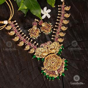 24K Gold Plated Brass Alloy Women's Wedding Earring and <b>Necklace</b> <b>Set</b> with Zircon and Imitation <b>Pearl</b> Oxidized Polish Finish - Product Image 1