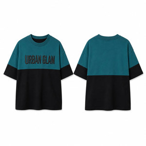 Camiseta Urbana Glam con Bloques de Color, Talla Grande, Manga Corta, Cuello Redondo, Estilo Casual, 100% Algodón Tejido, Ribete en Contraste para Hombre - Product Image 1