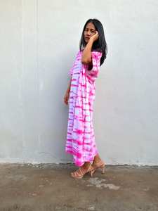 Alice 5 Tie Dye Kaftan Dress <b>White</b> And Fuchsia Cotton Jersey Lounge Wear - Product Image 2