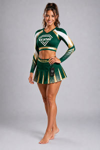 Custom Cheerleading Uniform Set <b>Green</b> Gold Sublimated <b>Long</b> <b>Sleeve</b> <b>Crop</b> <b>Top</b> Pleated Skirt All Star Team Apparel Manufacturer OEM - Product Image 6