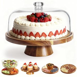 Support à gâteau en bois d'acacia, ensemble de présentation de desserts 2-en-1 et planche à charcuterie 12 pouces, plateau de service avec couvercle - Product Image 5
