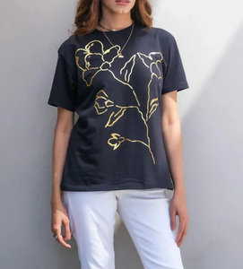 Women's Black Floral Embroidery <b>Y2K</b> Eco-Friendly T-<b>Shirt</b> Short Sleeve Collarless Regular Fit Casual Spring Summer 100% Cotton - Product Image 2