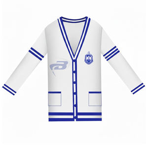 เสื้อคาร์ดิแกนไหมพรมอะคริลิคคอวีทรงยาวของชมรมเดลต้า ซิกมา ทีต้า (DST) สีน้ำเงินรอยัล แต่งสีขาว พร้อมลวดลายเสื้อชิคาโก - Product Image 1