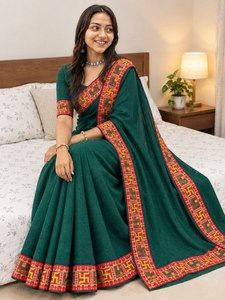Women's Green Cotton <b>Saree</b> With <b>Red</b> And Yellow Border Traditional Indian Wear For Wedding All Seasons Regular Fit Floor Length - Product Image 6