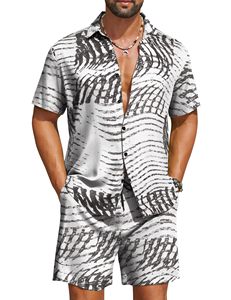 Conjunto cómodo para hombre con estampado floral de hojas, camisa de manga corta y pantalones cortos a juego, ideal para vacaciones de verano, informal, colorido, conjunto de dos piezas para hombre. - Product Image 1