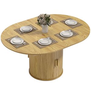Tavolo da Pranzo Stile Fattoria da 60 Pollici con Ripiano a 2 Livelli e Porte Scorrevoli Scanalate, Estensibile per 6 Persone, Finitura Naturale - Product Image 1