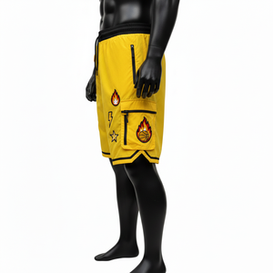 Soft lightweight polyester windbreaker <b>shorts</b> yellow black cargo panel embroidery <b>patch</b> heat transfer custom logo <b>men's</b> <b>shorts</b> - Product Image 2