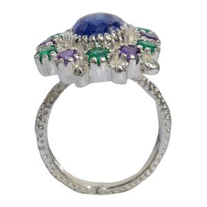 Anillo Gemvanity SR1468 Chapado en Oro, Estilo Budista Tibetano de Lujo Clásico, con Corte Brillante de Cianita, Esmeralda y Amatista - Product Image 2