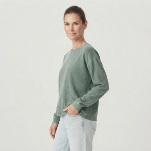 T-shirt décontracté en coton à manches longues et col rond pour femme, coupe ample, couleur unie, respirant, idéal pour l'été, effet délavé - Product Image 4
