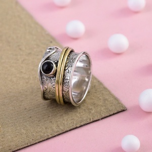 925 Sterling Silver Black Onyx Spinner Ring Textured Wide Band Meditation Fidget Ring Handmade Statement Jewelry - Product Image 2