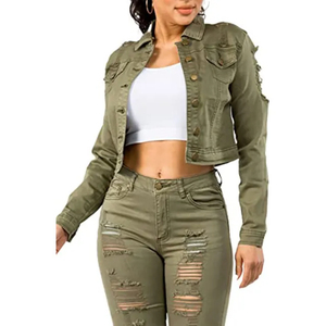 Veste en jean déchirée 100 % coton pour femme, coupe courte et régulière, col rabattu, boutonnée, style décontracté streetwear, broderie automne - Product Image 1
