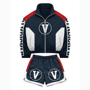 Conjunto de pantalones cortos cortavientos de poliéster de alta calidad, con paneles de color azul y dorado, logotipo personalizado con estampado térmico, conjunto de pantalones cortos cortavientos para hombre - Product Image 4