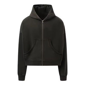 Sudadera con capucha y cremallera bordada OEM para invierno, personalizada al por mayor, para hombre, con bolsillo lateral, estilo corto, 400 g/m², 100% algodón, Drop - Product Image 4