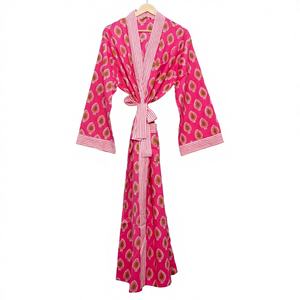 ชุดกิโมโนโบฮีเมียนทำมือจากผ้าฝ้าย 100% พร้อมลายพิมพ์บล็อกด้วยมือ เข็มขัดผูกเอวแบบผ่า กระเป๋าผูกเชือก สไตล์ลำลอง เรียบร้อย ความยาวปานกลาง - Product Image 1