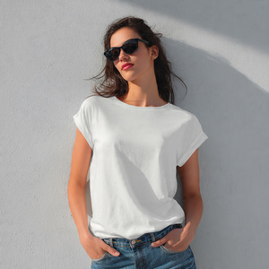 T-shirts d'été pour femmes à épaules tombantes, col rond, 100% polyester et coton, tee-shirt à épaules découpées pour femmes - Product Image 4