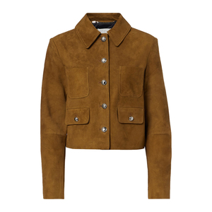 Veste en cuir suédé marron sur mesure pour femme, 100 % cuir véritable, coupe courte et droite, boutonnée sur le devant, quatre poches, mode OEM privée - Product Image 3