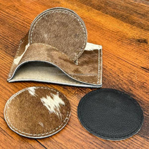 Wholesale Non-slip Genuine Leather Round Kitchen Supplies Cowhide <b>Placemat</b> Cup Mat Table Coaster <b>Set</b> with Stand for Dining Table - Product Image 4