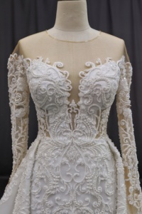 Nouvelle robe de mariée longue élégante de style français classique, col en V, coupe en A, ornée de perles et de dentelle, en tissu Spandex/Coton - Product Image 6