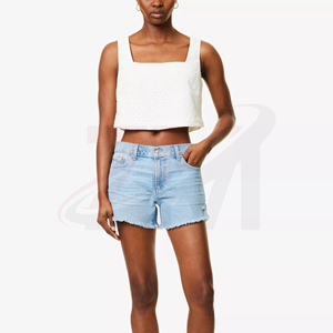 Shorts de Mezclilla Desgastados de Cintura Alta para Mujer, Color Azul Claro, con Dobladillo Deshilachado, Estilo Casual de Verano, Corte Regular con Bolsillos - Product Image 1