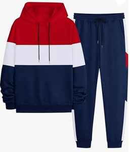 OEM Wholesale Custom Men's 2-Piece Color Block Front Streetwear Winter Tracksuit Set Hoodie Pullover Sweatshirt Jogger - Product Image 5