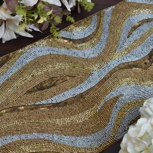 Rectangular Beaded <b>Table</b> Runner Fabric Mats Glam Handmade Gold Silver Wave Design - Product Image 2