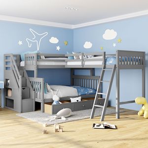 Letto a castello a L grigio con letto singolo sopra e letto matrimoniale, 3 cassetti e scaletta, mobili per bambini con scala - Product Image 1
