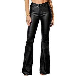 Women Genuine Leather/PU Leather High Waist Regular Fit Stretch Straight Casual <b>Pants</b> Windproof Eco-Friendly - Product Image 1