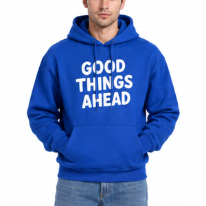 เสื้อฮู้ดดี้สีน้ำเงินสำหรับผู้ชาย Good Things Ahead ผ้าฝ้ายฟลีซ ทรงปกติ สวมใส่สบาย พิมพ์ลายด้านหน้า ดีไซน์กระเป๋า - Product Image 1
