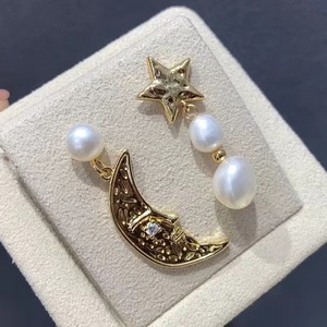 14K Gold Stake 2025 Baroque Style <b>Star</b> <b>Moon</b> Asymmetric Pearl <b>Earrings</b> European American Ins Same Style As Internet Celebrity - Product Image 3