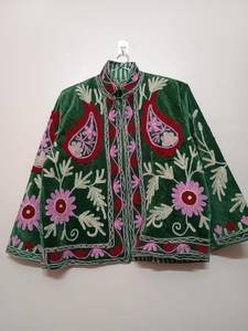 Abrigo de Terciopelo para Mujer, Estilo Vintage, Transpirable, Ecológico, Cuello Alto, Manga Larga, Hecho a Mano, Color Rosa Rojo Sólido, Estilo Suzani, Ropa de Otoño - Product Image 2