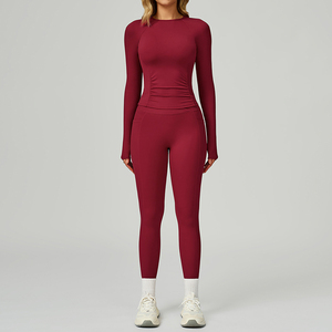 Ensemble haut de yoga à manches longues et leggings taille haute pour femme, sans couture, séchage rapide, logo frontal, 220g, vêtements de sport - Product Image 1