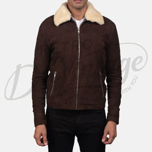 Veste en daim marron pour homme de qualité supérieure avec col en fausse fourrure crème, manteau bomber chaud d'hiver, coupe ajustée, vêtement d'extérieur en daim décontracté - Product Image 3