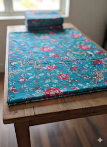 ผ้าพิมพ์ลายคอตตอนออร์แกนิค 100% คุณภาพพรีเมียม เป็นมิตรต่อสิ่งแวดล้อม |   ลายดอกไม้สีเขียวอมฟ้ารูปนก |   เสื้อผ้าเนื้อนุ่ม ระบายอากาศได้ดี น้ำหนักเบา - Product Image 3