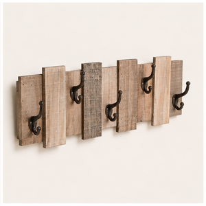 Porte-manteau mural rustique artisanal en bois de récupération avec 5 crochets métalliques robustes pour entrée, buanderie et rangement domestique - Product Image 5