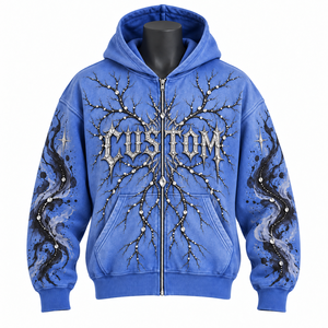 Blue <b>Gothic</b> Zip-Up <b>Hoodie</b> with Rhinestone Embellished Design Unisex Regular Fit Velour Casual Winter Sweatshirt - Product Image 1
