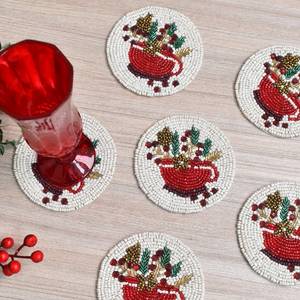 Handmade Beaded Christmas Coasters Reusable Fabric <b>Bar</b> <b>Mats</b> Classic Red Green Design Home Decor Set - Product Image 4