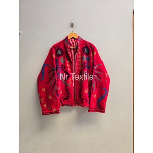 Red <b>Velvet</b> Suzani Embroidered Jacket Handmade Floral Design Jacket <b>Coat</b> Inside Cotton Lining - Product Image 1