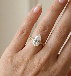 Bague de fiançailles et alliance en or jaune massif 14K 18K avec diamant de laboratoire taille poire de qualité supérieure, sertie pavé, bijou de luxe - Product Image 6