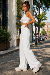 Pantalon large plissé blanc taille haute coupe ample longueur totale taille élastique décontracté été anti-plis pour femme - Product Image 3