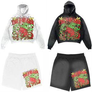 2 Pieces Hoodie <b>Set</b> Terry Sun Faded Wash 100% Cotton Custom Screen Print Logo Track Short <b>Set</b> Pullover Hoodies & Mesh Shorts - Product Image 1