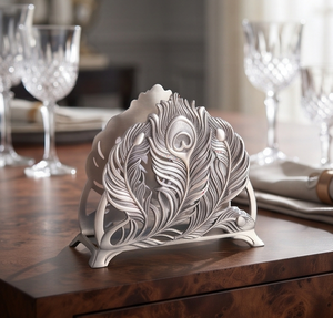 Porte-serviettes en métal lourd à motif plume d'oiseau unique, motif plume de paon, texture moulée, pour cuisine et salle à manger - Product Image 3
