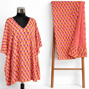 Robe kaftan mini en coton écologique à imprimé floral bohème, col en V, manches chauve-souris, franges, avec paréo de plage - Product Image 1