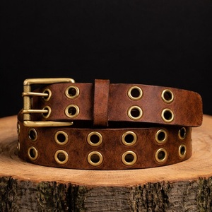 Wholesale Genuine Cowhide Leather Double Prong Grommet Belt Unisex <b>Punk</b> Casual <b>Jean</b> Belt Vintage Black Leather Waist Belt Custom - Product Image 4