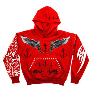 Sudadera con capucha roja para hombre con estampado gráfico personalizado de alas, estilo streetwear oversize; Sudadera con capucha personalizada para hombre con estampado de ancla y bolsillo canguro con tachuelas. - Product Image 3