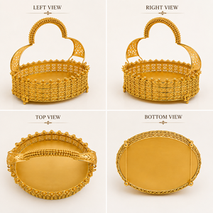 Round Polished Modern Gold Metal Serving Tray with Handle Plant Pattern Engraved Glam Handmade Decorative Dishware - Product Image 5